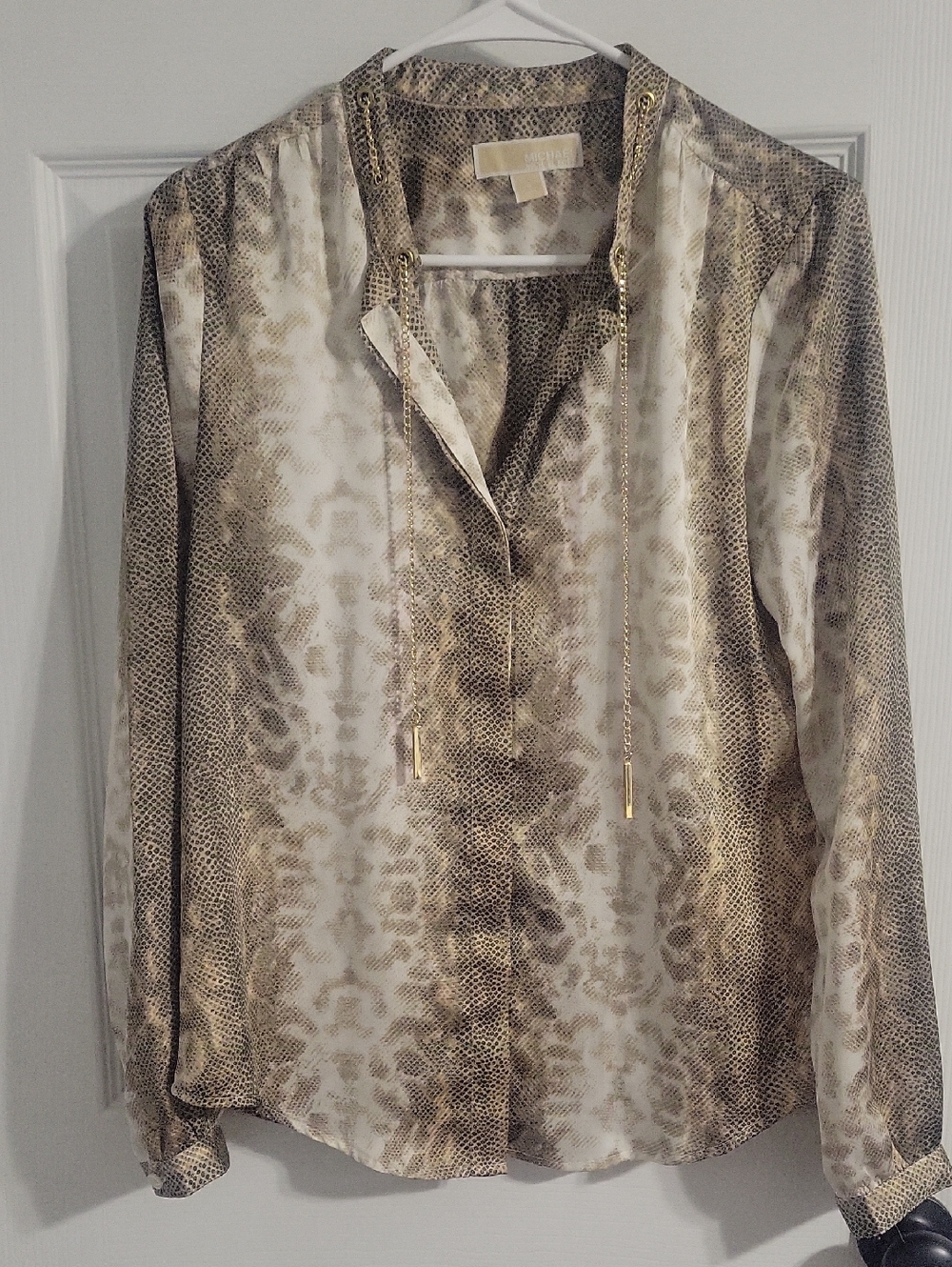 Michael Michael Kors Beige Snake-Print Satin Blouse with Gold Chain Ties